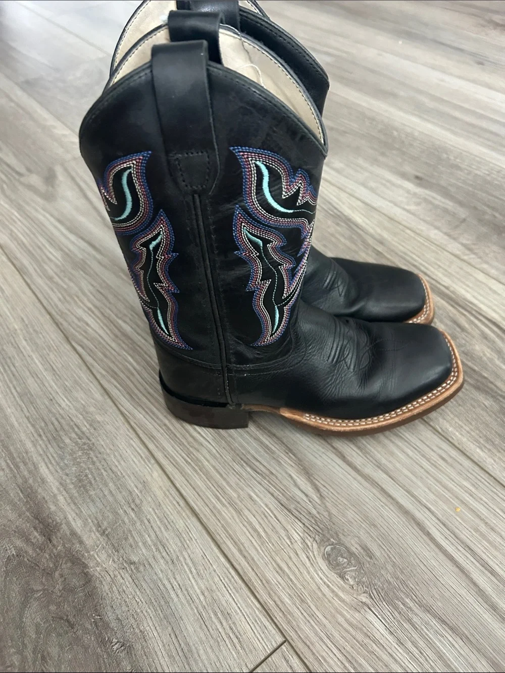 Kids Black Western Pull-On Boots with Colorful Embroidered Accents